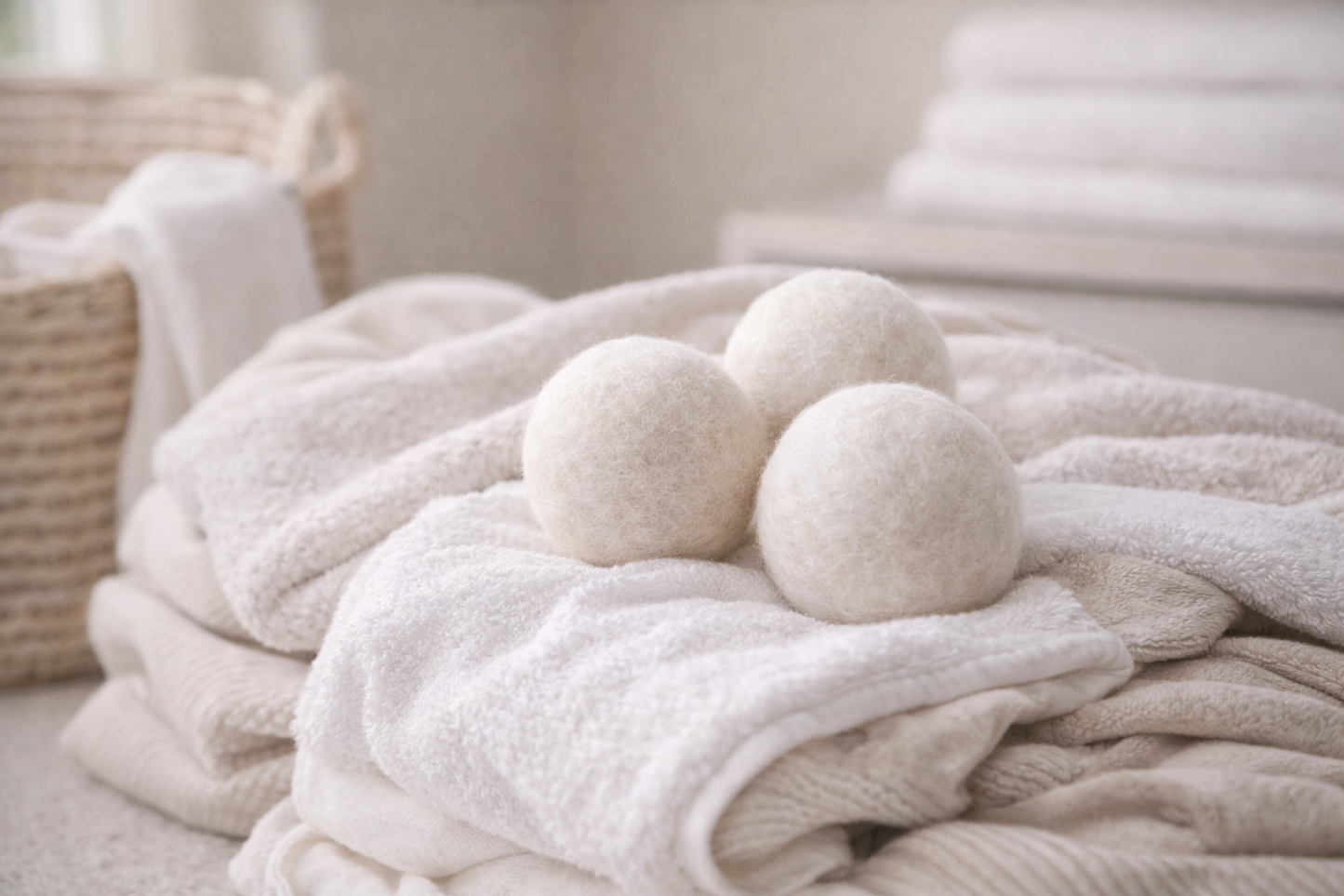 White towels and dryer balls on a laundry basket with a neutral background