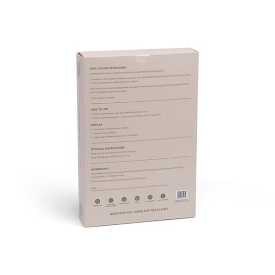 Beige product packaging with text and icons on a white background