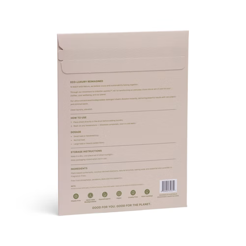 Beige product packaging with text and icons on a white background