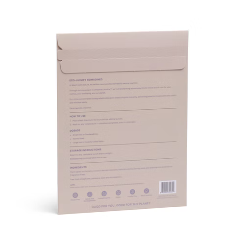 Beige product packaging with text and a barcode on a white background