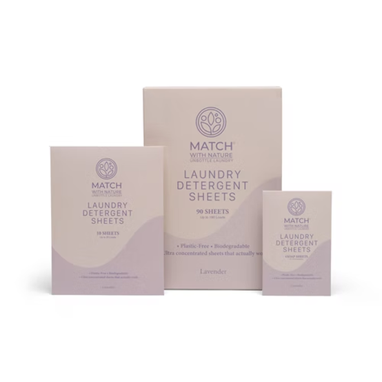 Three boxes of Match laundry detergent sheets on a white background