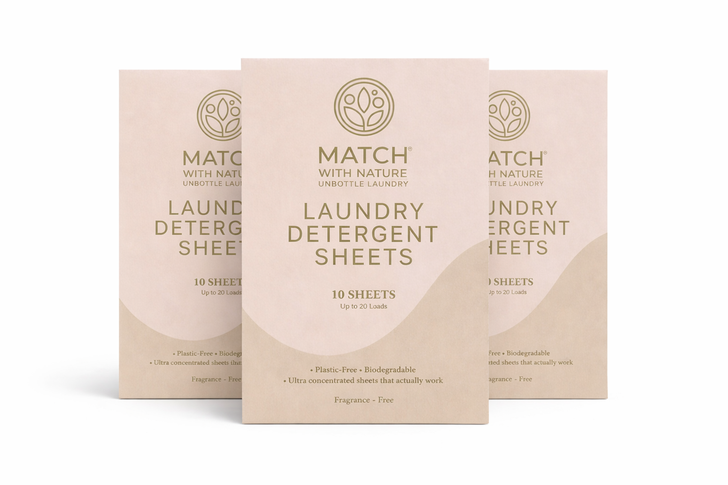 Three boxes of Match with Nature laundry detergent sheets on a white background