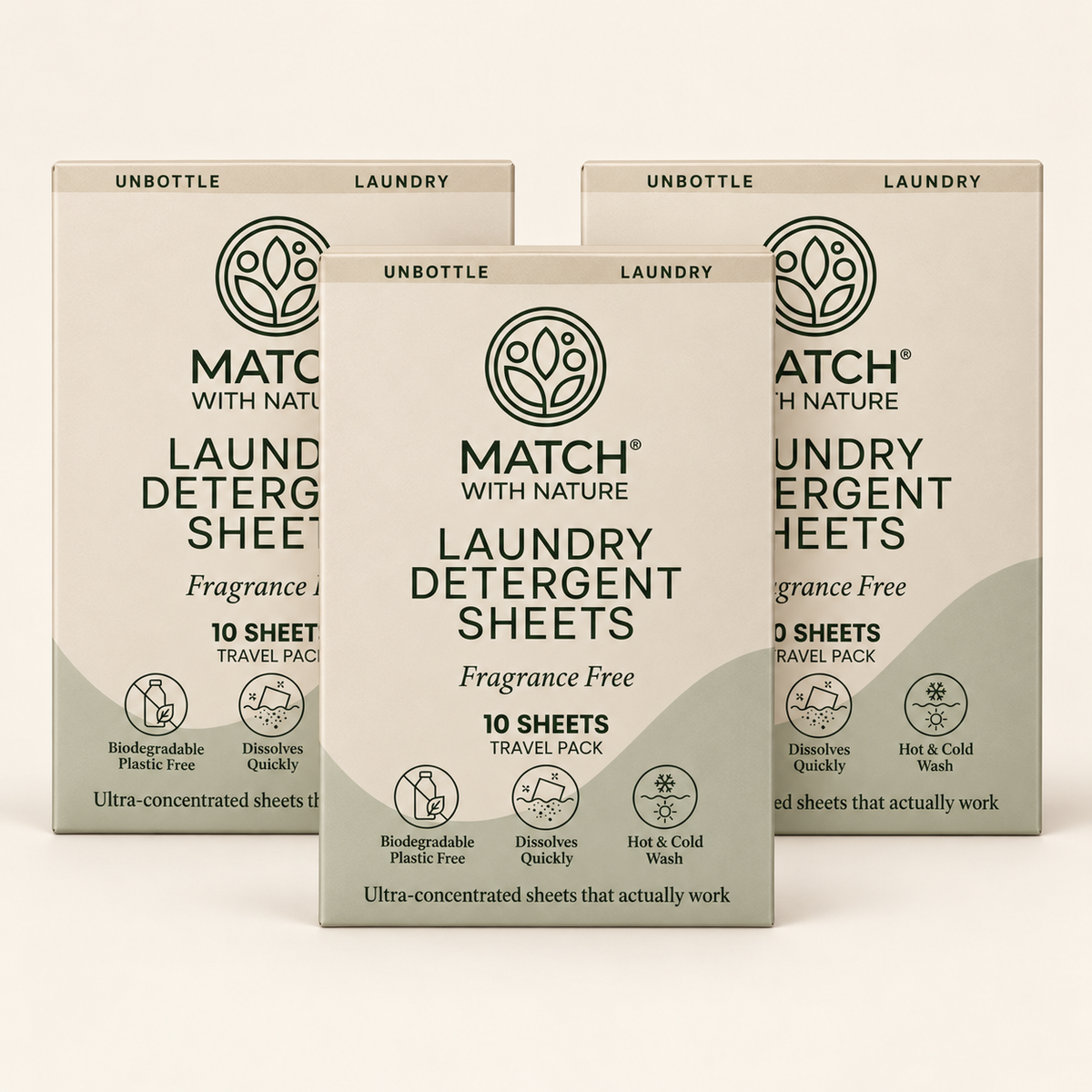 Three Match with Nature Fragrance Free Travel Packs (3 × 10 sheets)