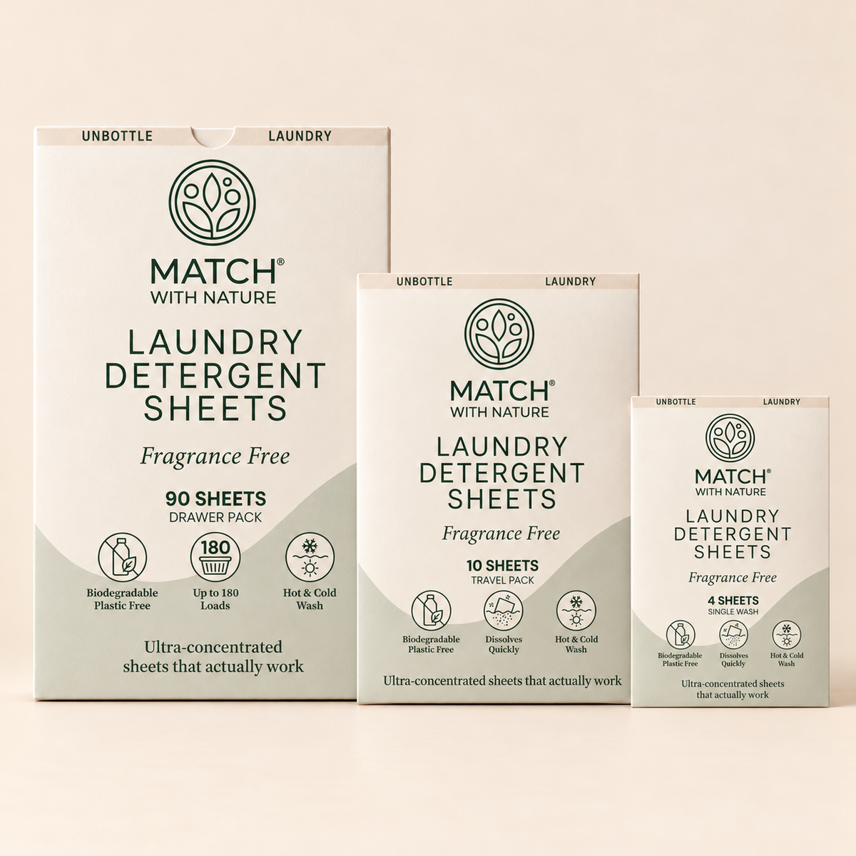 Fragrance Free Unbottled Starter Bundle: 90-sheet Drawer Pack, 10-sheet Travel Pack and a Single-Wash envelope