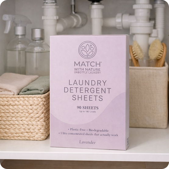 Box of Match with Nature laundry detergent sheets in a bathroom setting