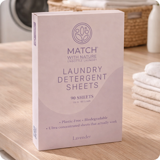 Box of Match with Nature laundry detergent sheets on a wooden surface