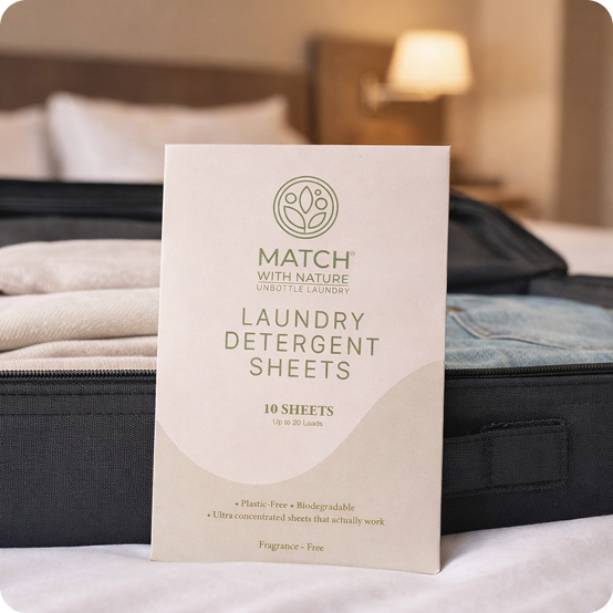 Package of Match with Nature laundry detergent sheets on a bed with bedding and pillows in the background.