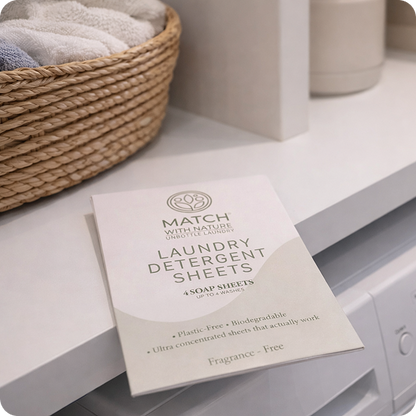 Package of Match with Nature laundry detergent sheets on a washing machine with a basket of clothes in the background.