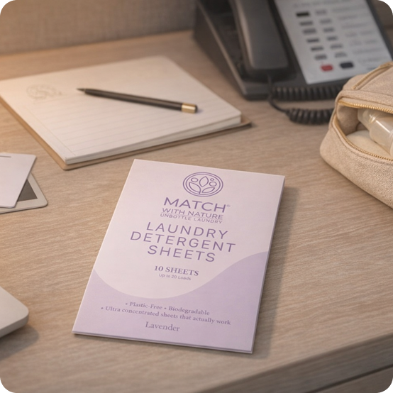 Package of Match with Nature laundry detergent sheets on a desk with office items.