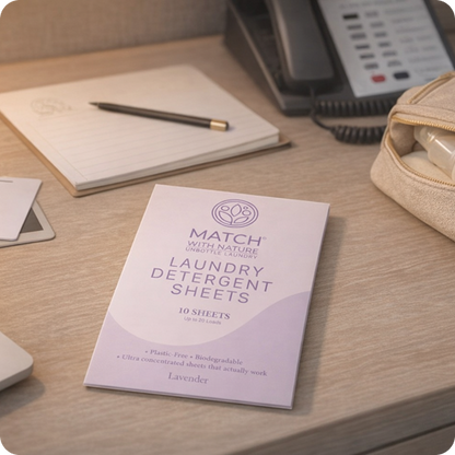 Package of Match with Nature laundry detergent sheets on a desk with office items.
