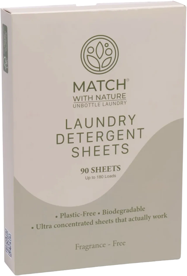 Box of Match with Nature laundry detergent sheets on a white background