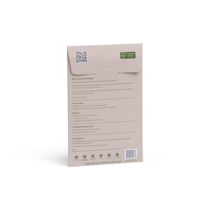 Beige product packaging with text and a QR code on a white background