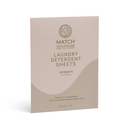 Package of Match with Nature laundry detergent sheets on a white background