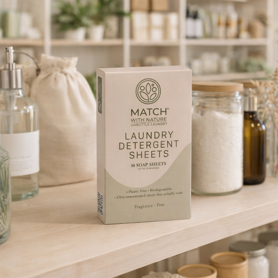 Box of Match laundry detergent sheets on a shelf with a natural background