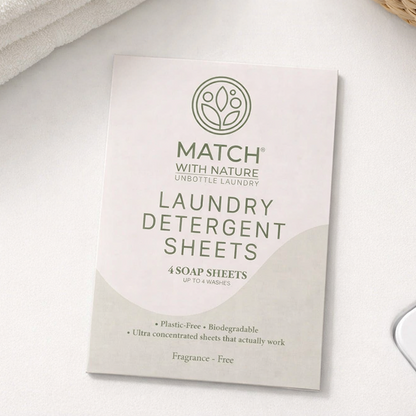 Package of Match with Nature laundry detergent sheets on a white surface