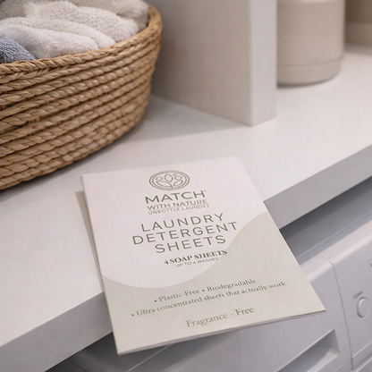 Package of Match with Nature laundry detergent sheets on a washing machine with a basket of clothes in the background.