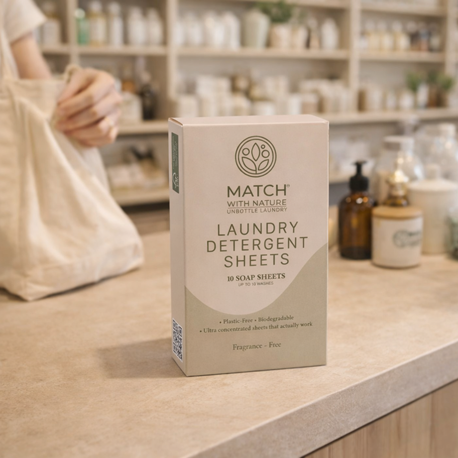 Box of Match laundry detergent sheets on a counter with a store background