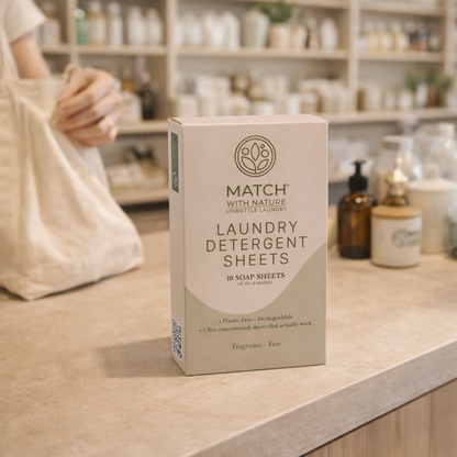 Box of Match laundry detergent sheets on a counter with a store background
