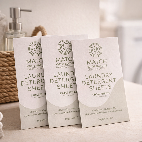 Three packages of Match with Nature laundry detergent sheets on a light surface.