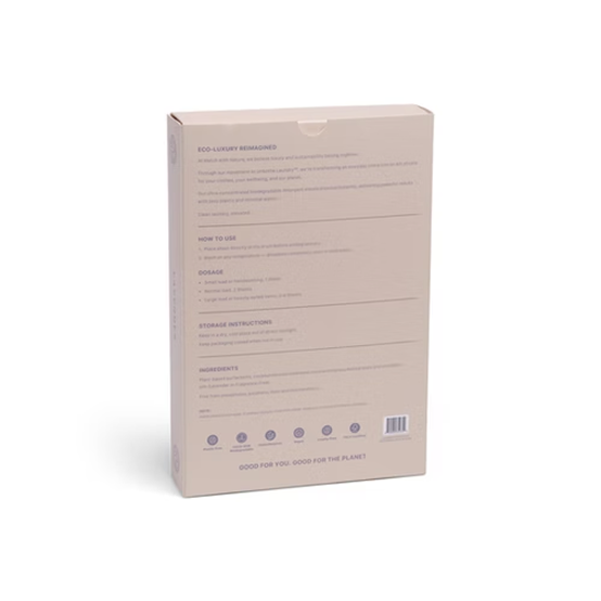 Beige product packaging with text and icons on a white background