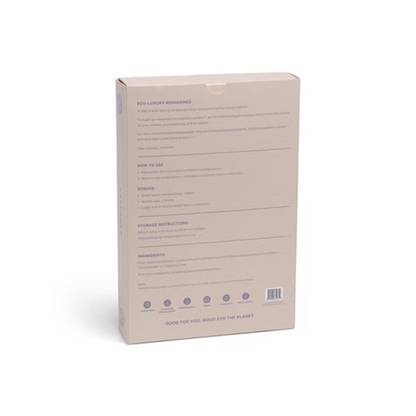 Beige product packaging with text and icons on a white background