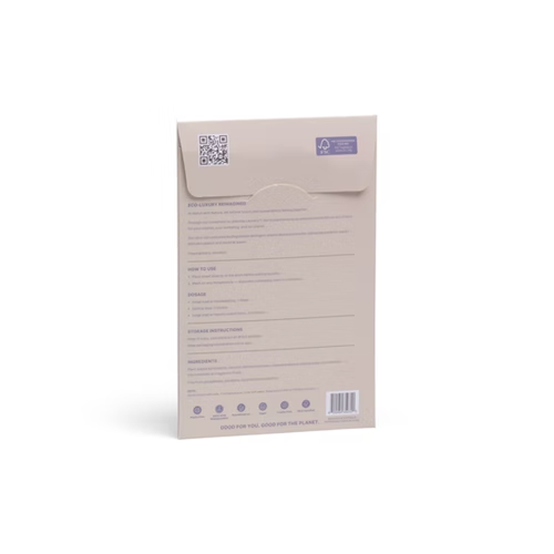 Beige product packaging with text and a QR code on a white background