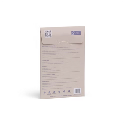 Beige product packaging with text and a QR code on a white background