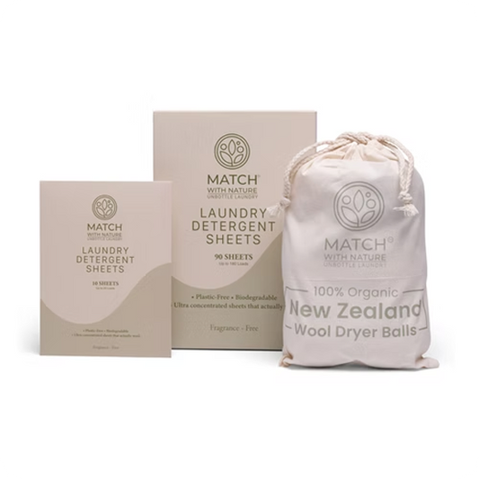 Match with Nature laundry products including detergent sheets and dryer balls on a white background
