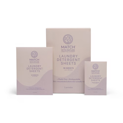 Three boxes of Match laundry detergent sheets on a white background