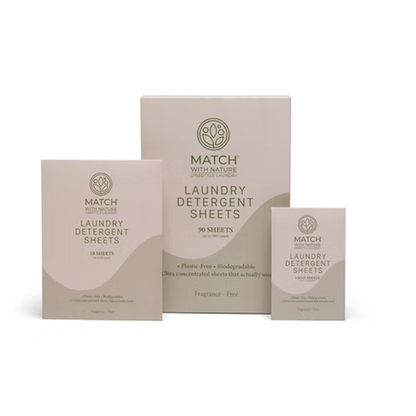 Three boxes of Match laundry detergent sheets on a white background