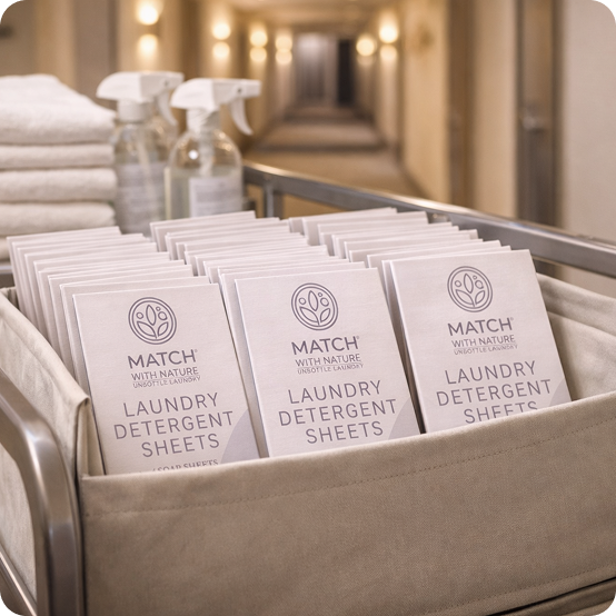 Laundry detergent sheets in a basket with cleaning supplies in the background