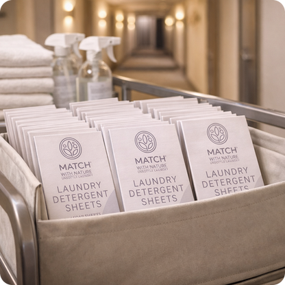 Laundry detergent sheets in a basket with cleaning supplies in the background
