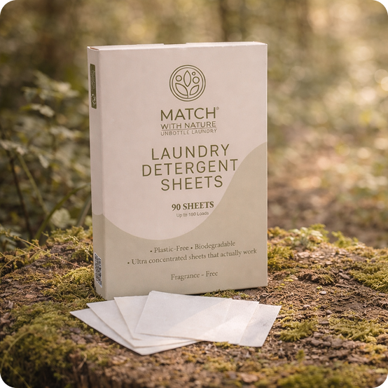 Box of Match with Nature laundry detergent sheets on a natural background.