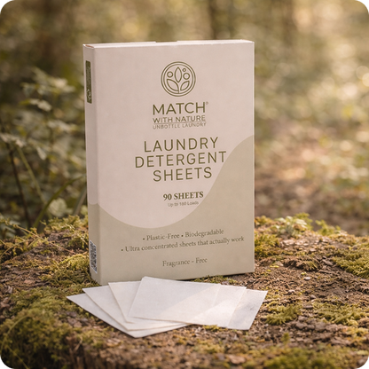 Box of Match with Nature laundry detergent sheets on a natural background.