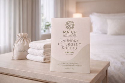 Box of Match with Nature laundry detergent sheets on a wooden surface with folded white towels in the background.