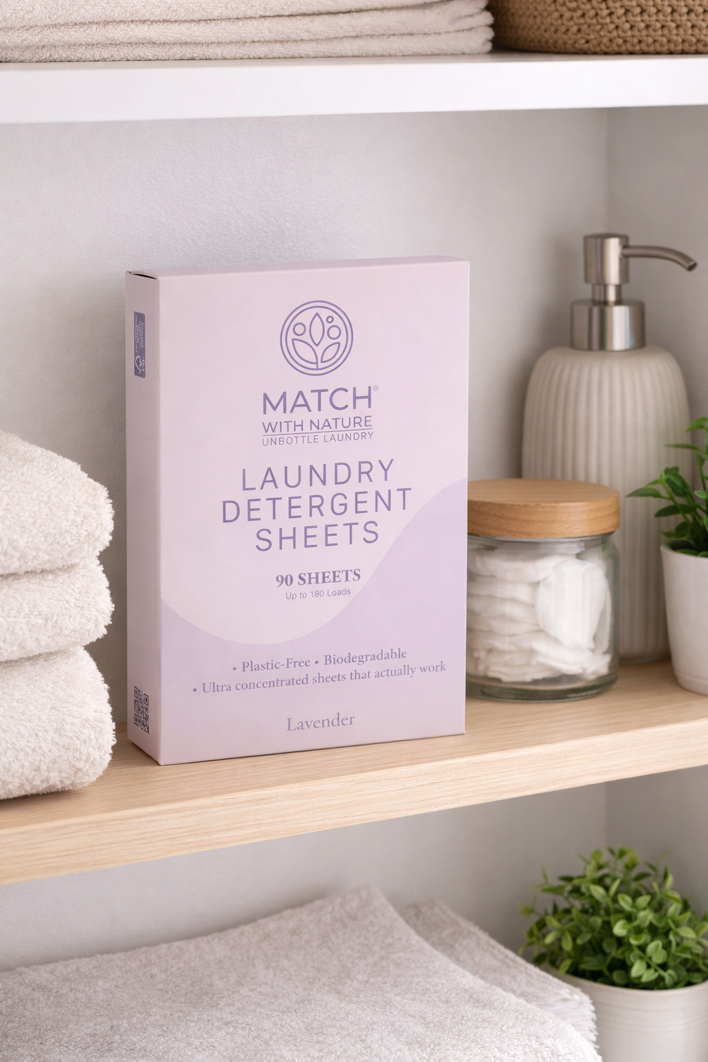 Box of Match with Nature laundry detergent sheets on a shelf with towels and a plant.