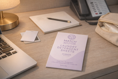 Match laundry detergent sheets on a desk with laptop, phone, and pen.