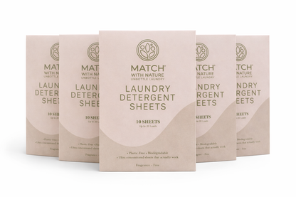 Five packages of Match with Nature laundry detergent sheets on a white background