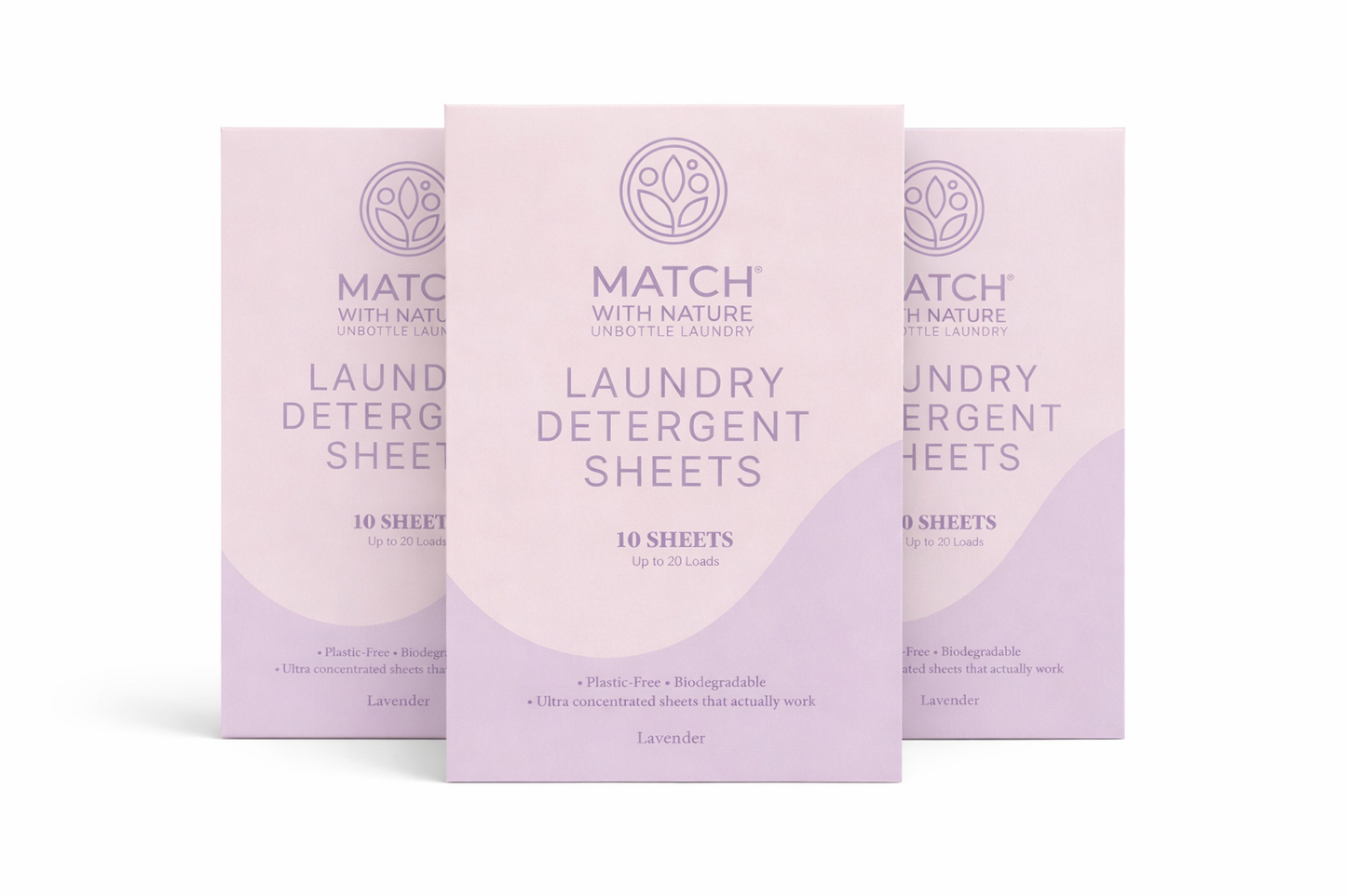 Three boxes of Match with Nature laundry detergent sheets on a white background