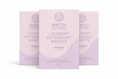 Three boxes of Match with Nature laundry detergent sheets on a white background