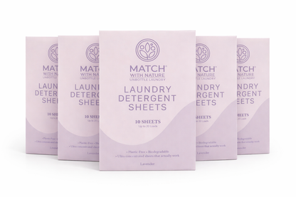 Packaging of Match with Nature laundry detergent sheets on a white background