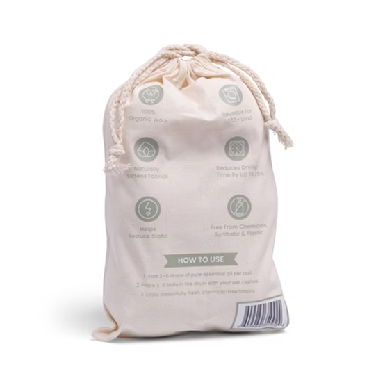 White drawstring bag with green text and symbols on a white background