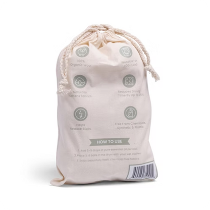 White drawstring bag with green text and symbols on a white background