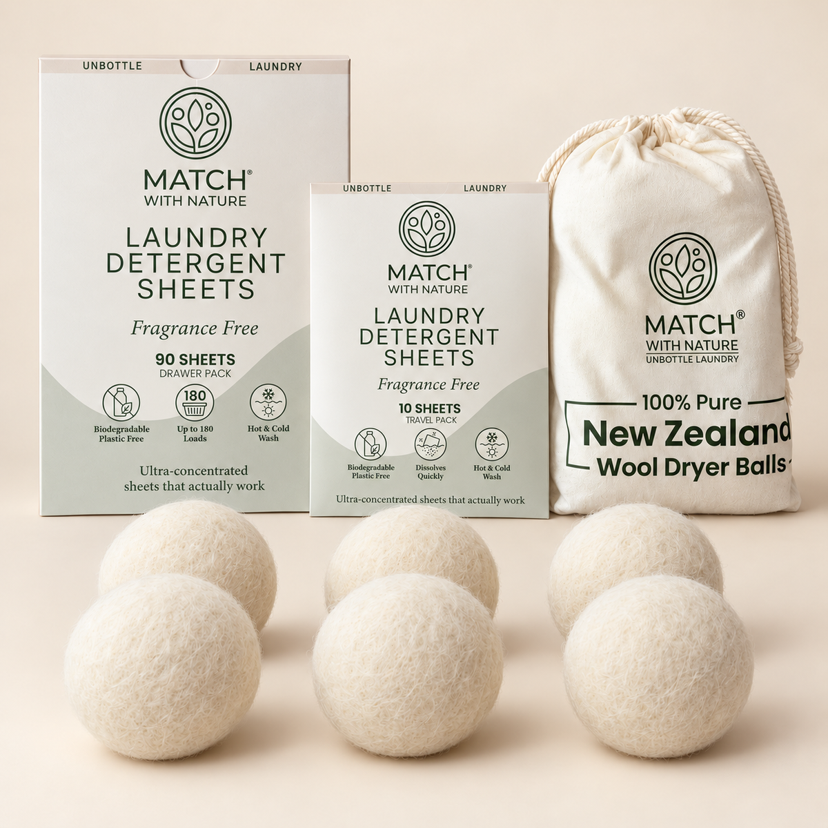 Fragrance Free Complete Unbottled Laundry Bundle: 90-sheet Drawer Pack, 10-sheet Travel Pack and 6 New Zealand wool dryer balls