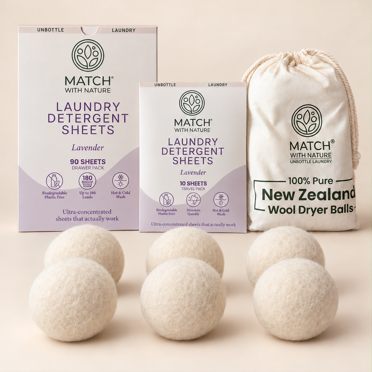 Lavender Complete Unbottled Laundry Bundle: 90-sheet Drawer Pack, 10-sheet Travel Pack and 6 New Zealand wool dryer balls