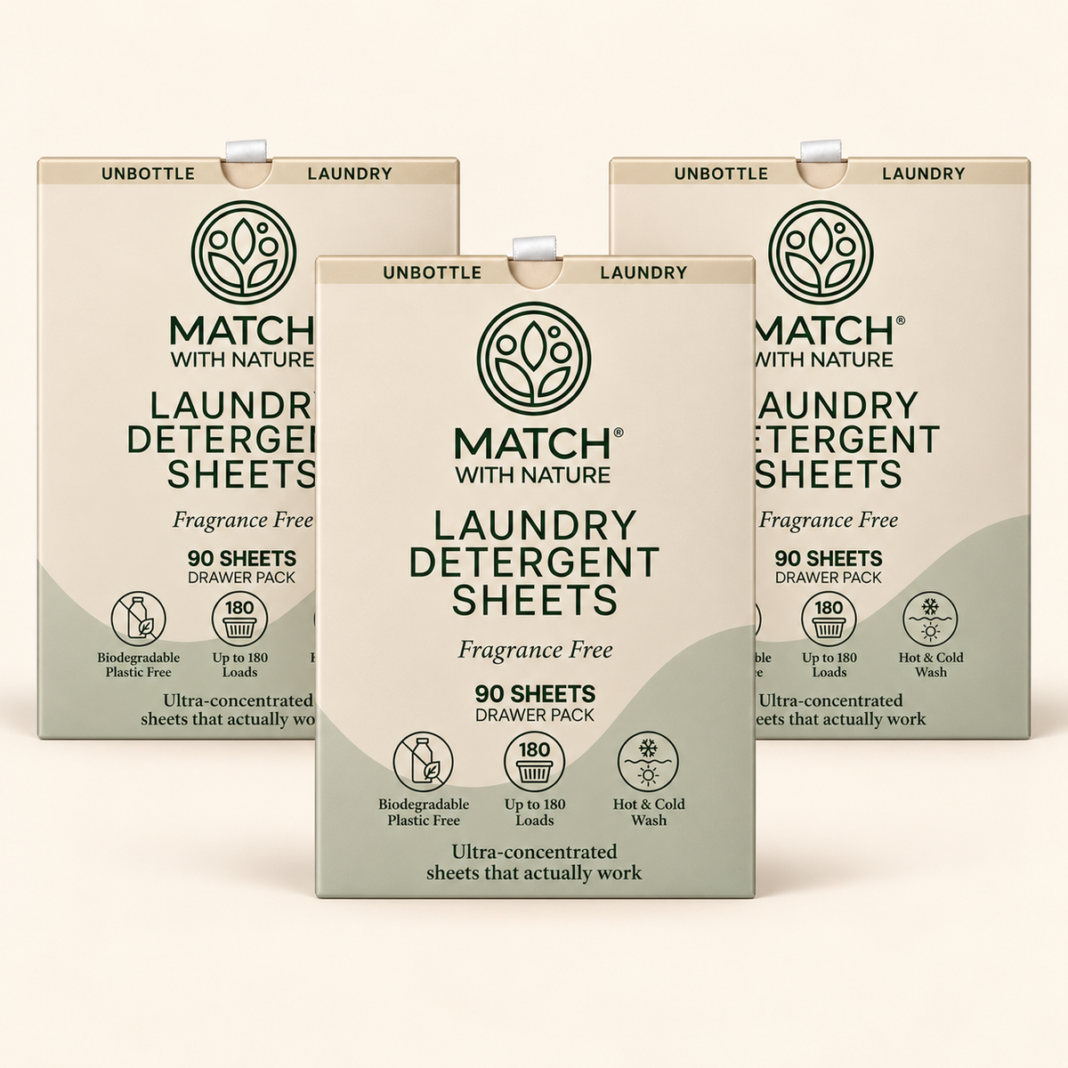 Three Match with Nature Fragrance Free Drawer Packs (3 × 90 sheets)