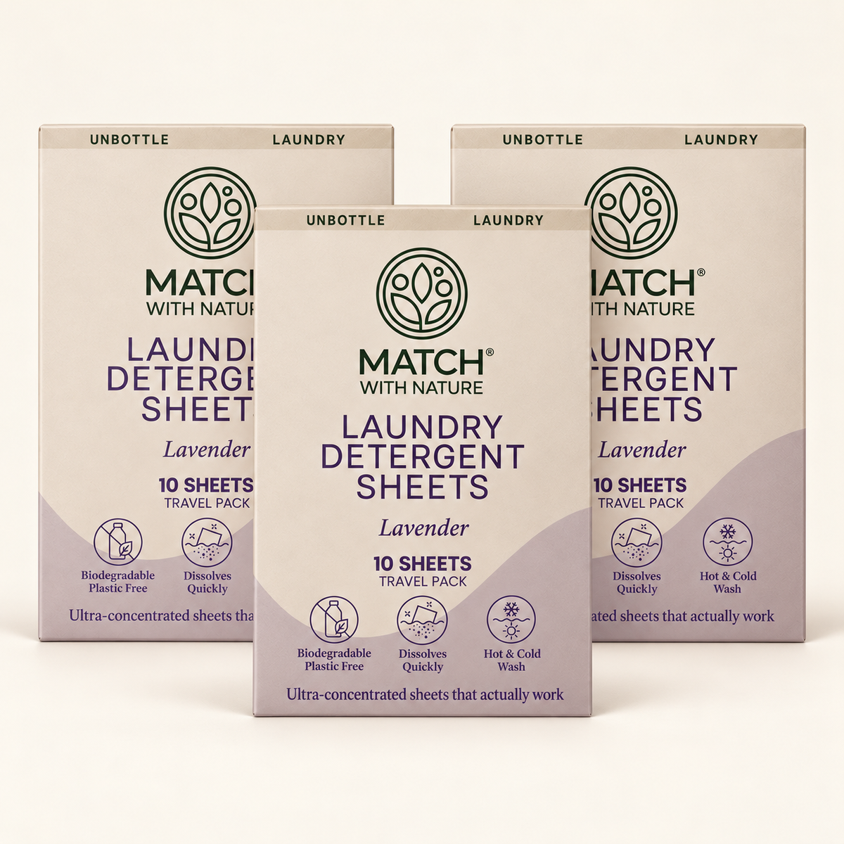 Three Match with Nature Lavender Travel Packs (3 × 10 sheets)