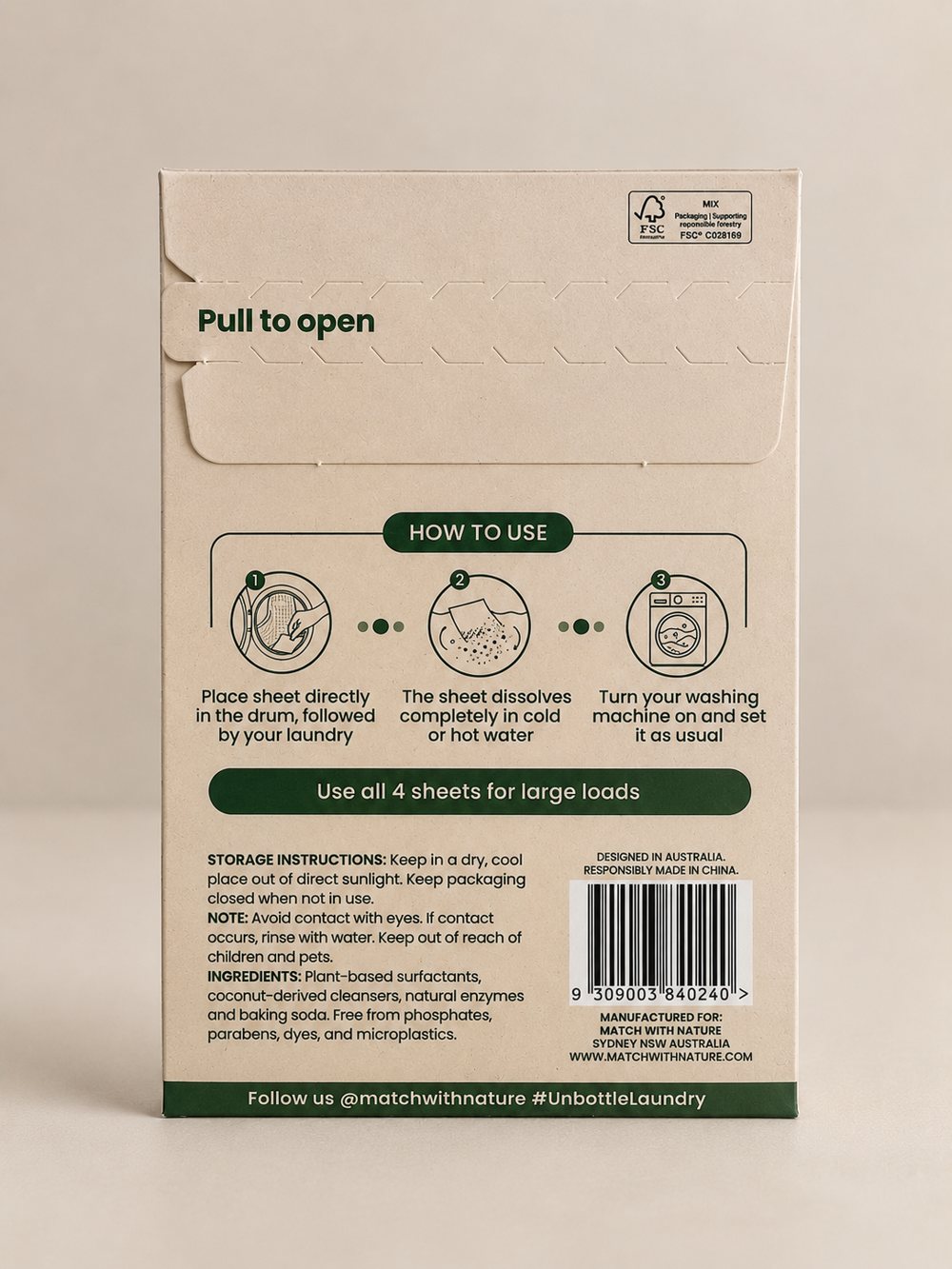Match with Nature Fragrance Free single-wash laundry sheet envelope, back