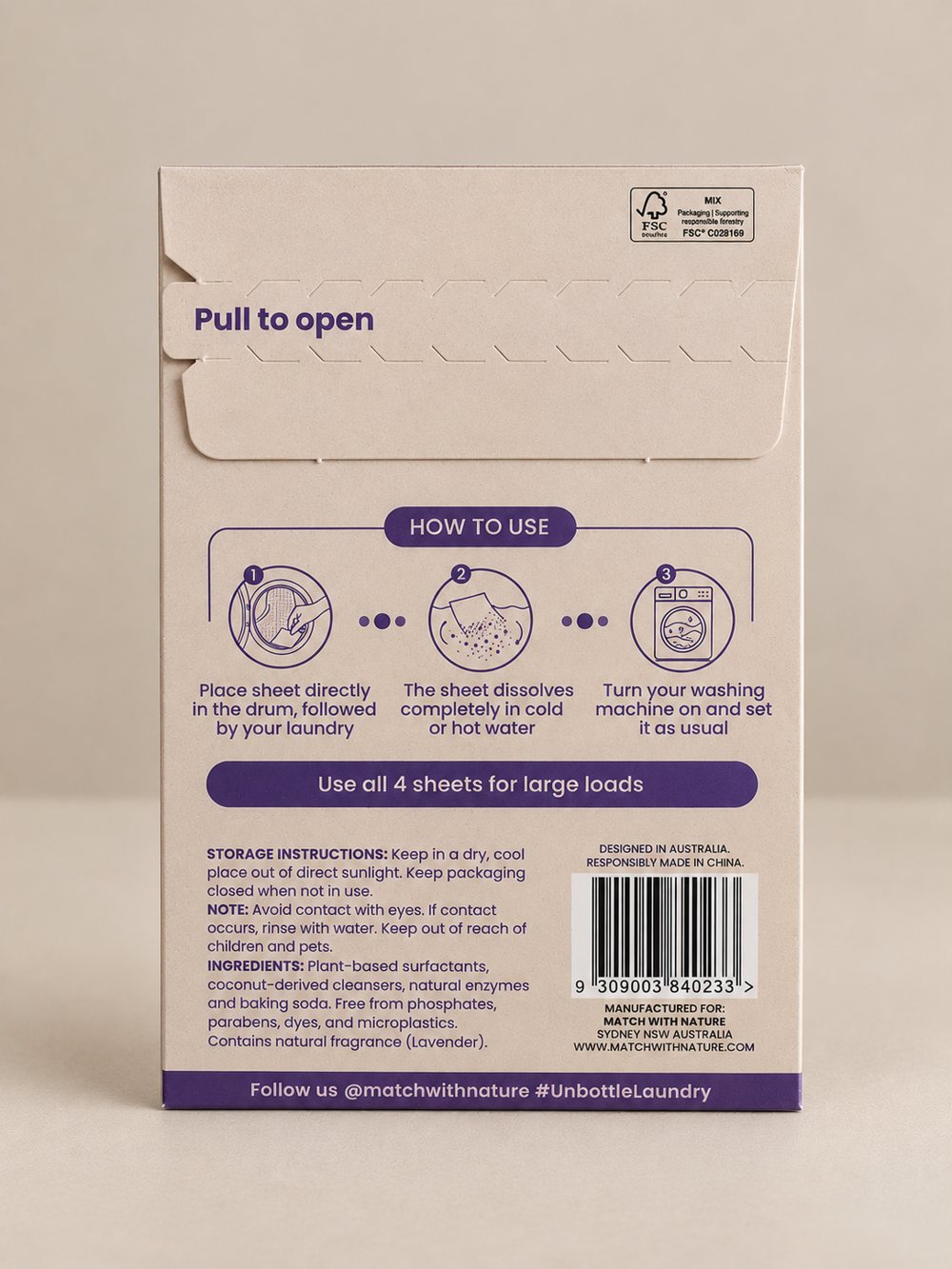 Match with Nature Lavender single-wash laundry sheet envelope, back