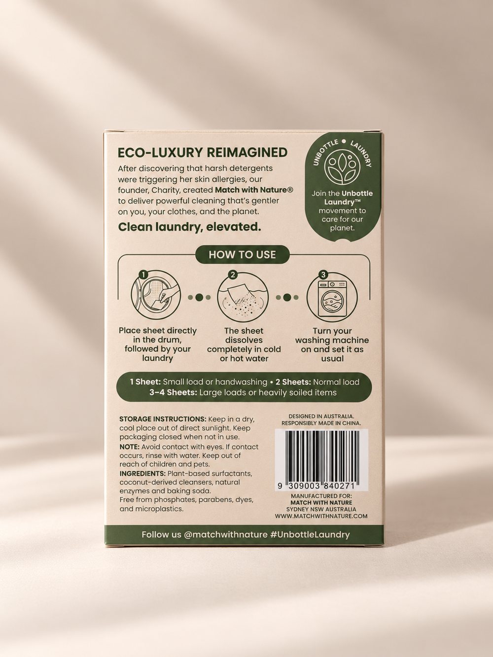 Match with Nature Fragrance Free vend-ready laundry detergent sheets packet, back